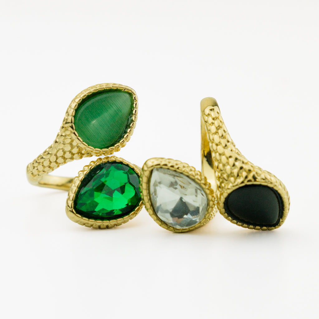 Bague Clotilde toi et moi en acier doré, deux pierres en goutte, en noir et vert