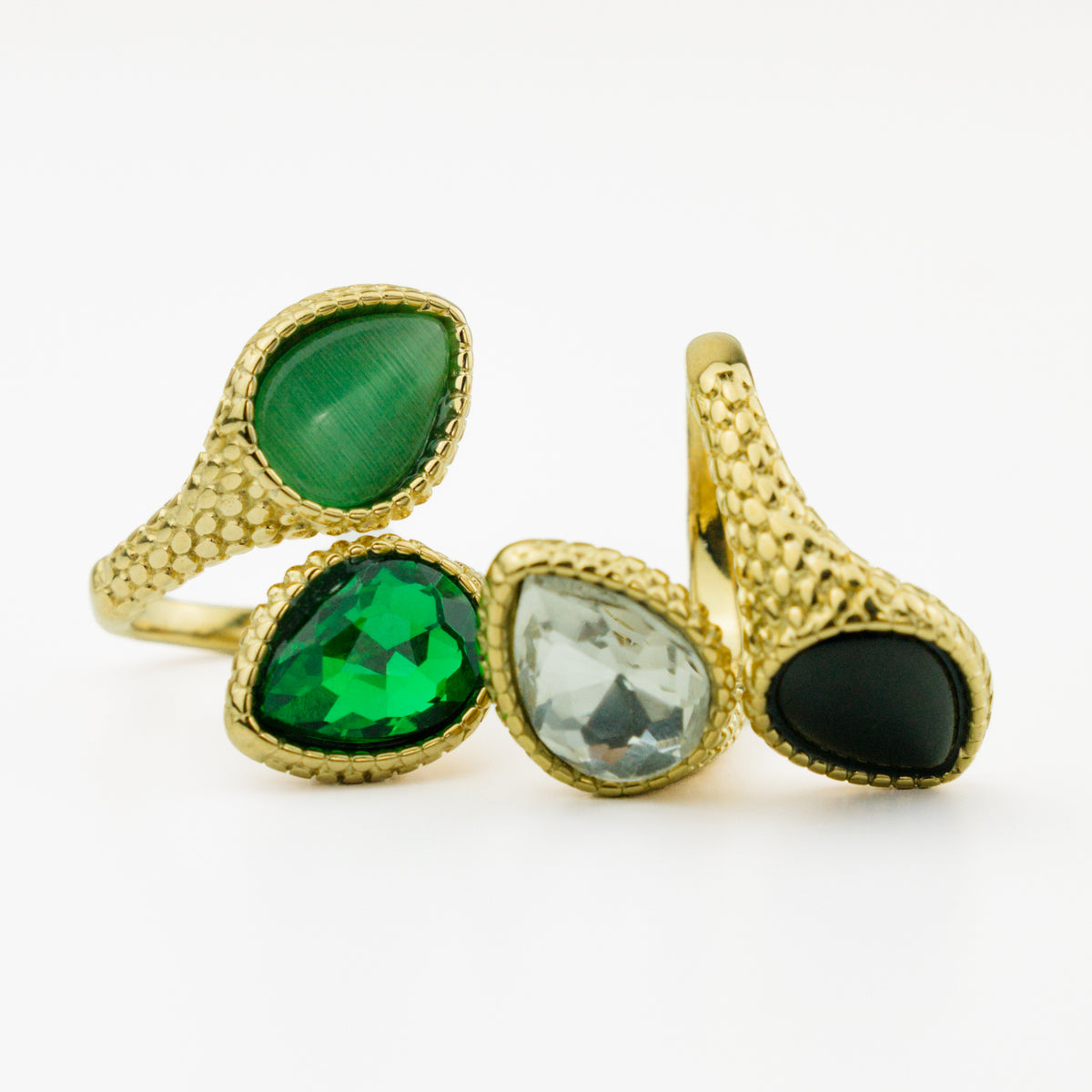 Bague Clotilde toi et moi en acier doré, deux pierres en goutte, en noir et vert