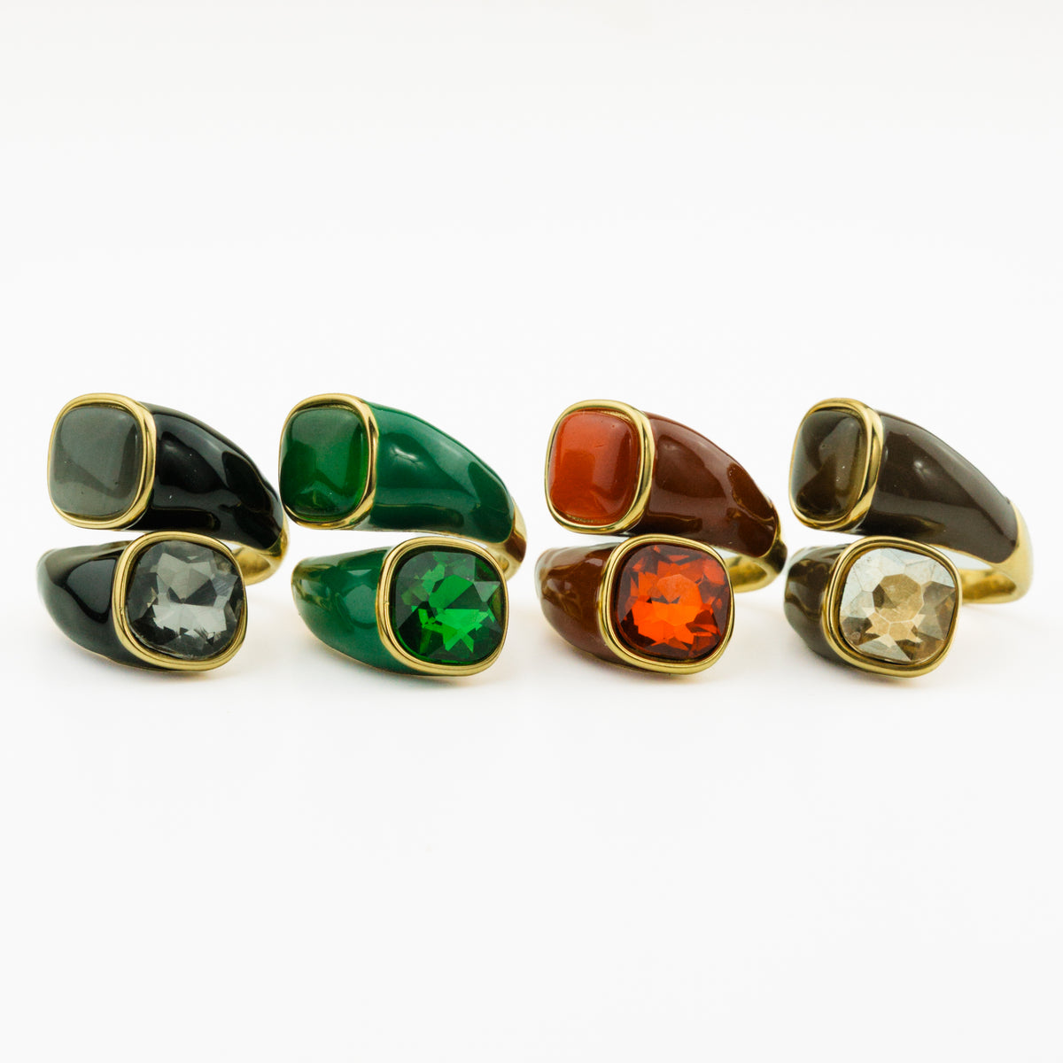 Bague Constance réglable en acier doré et émail, en noir, vert, rouge et marron