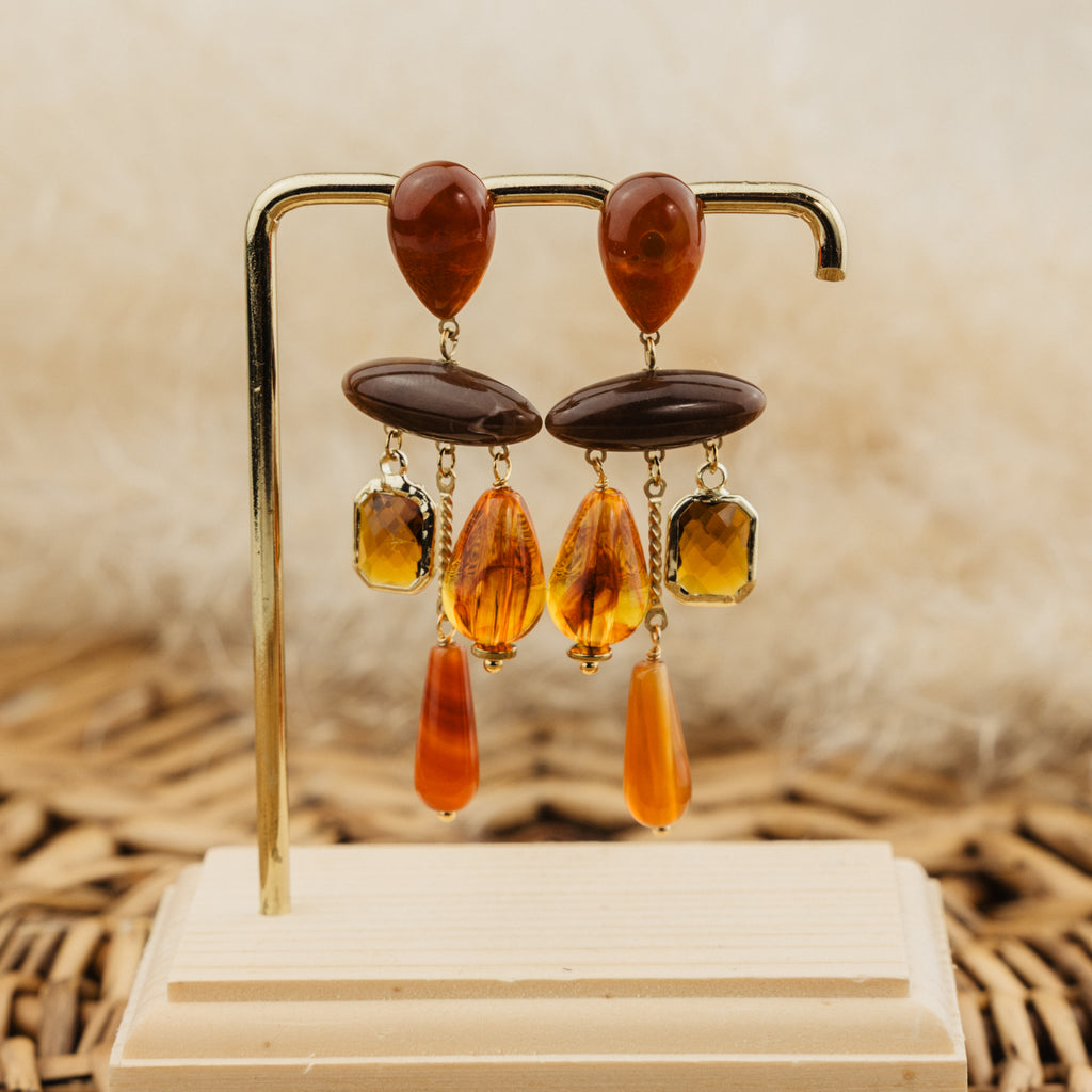 Boucles d'oreilles Eulalie orange, pampilles en acétate de cellulose ambre, marron et caramel