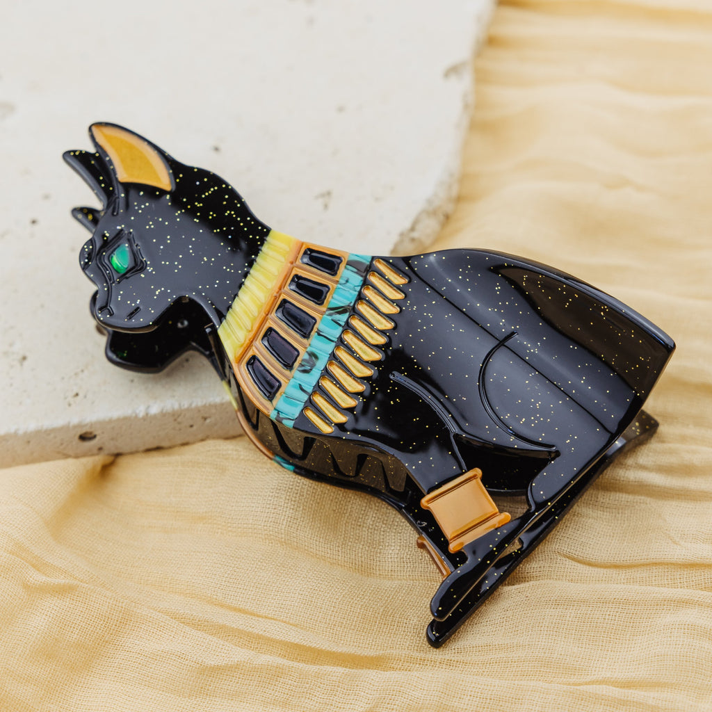 Pince à cheveux Cléo, pince crabe chat égyptien noir pailleté avec collier turquoise et doré
