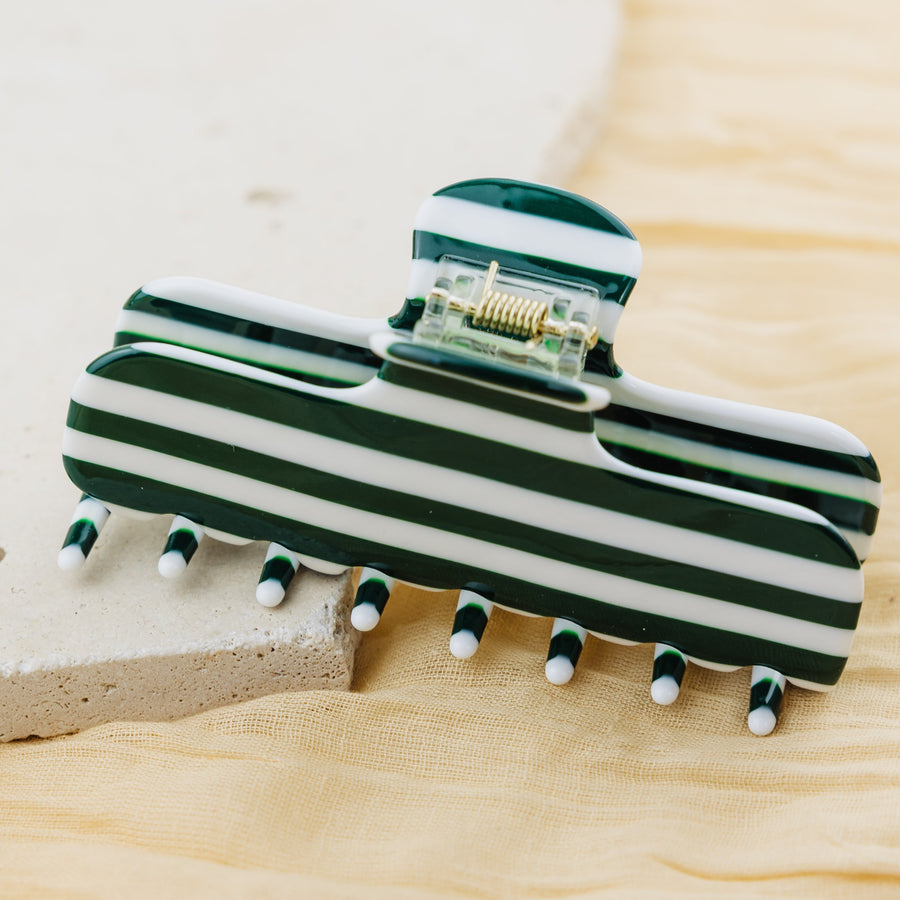 Pince à cheveux Lucette, pince crabe rectangulaire à rayures vert et blanc en acétate de cellulose