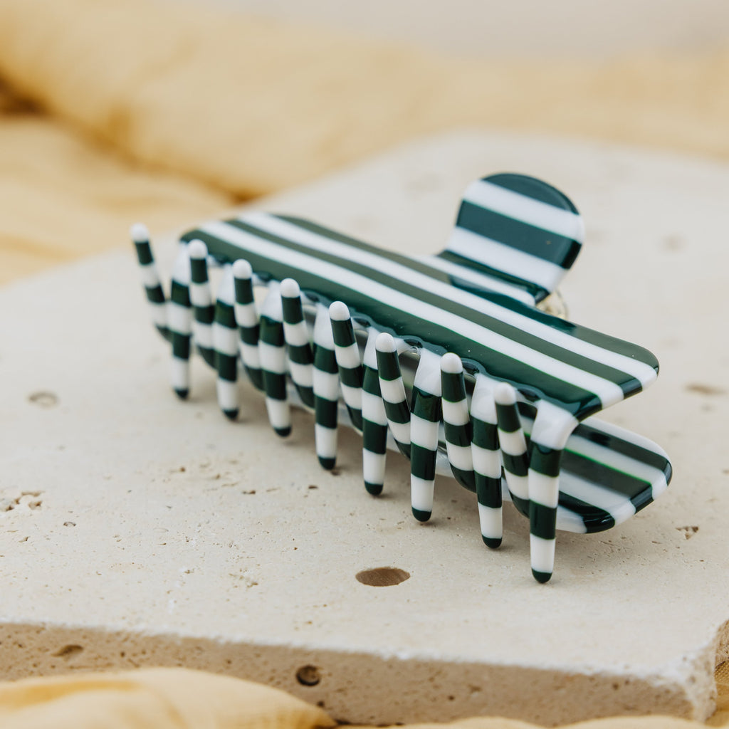 Pince à cheveux Lucette vue de profil, dents rayées vert et blanc