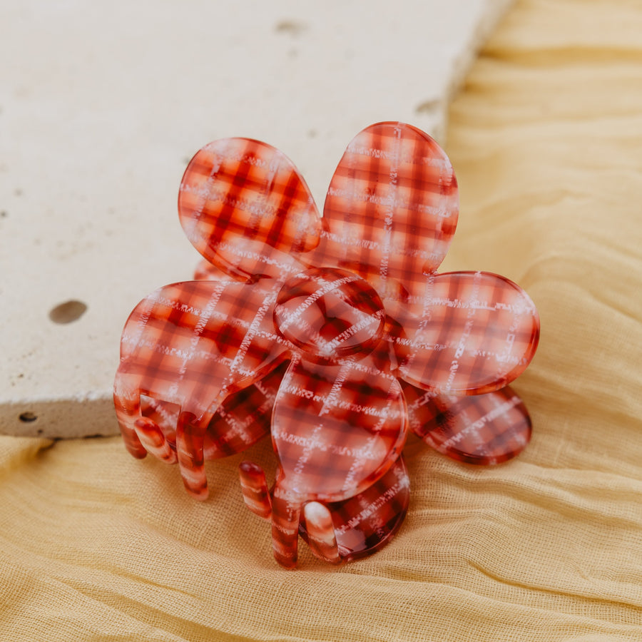 Pince à cheveux Paulette rouge, fleur à carreaux en acétate de cellulose