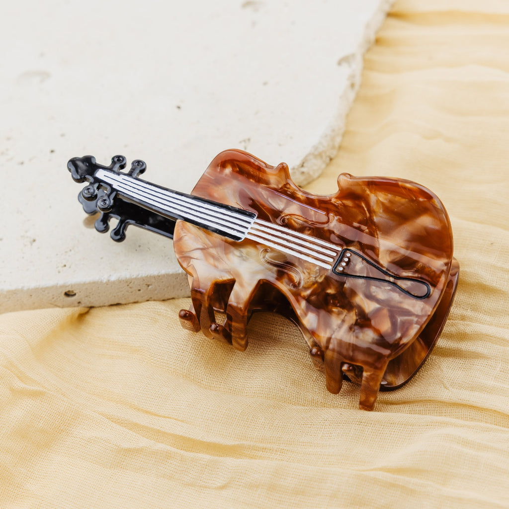 Pince à cheveux Viola, pince crabe violon en acétate marbré caramel avec manche noir